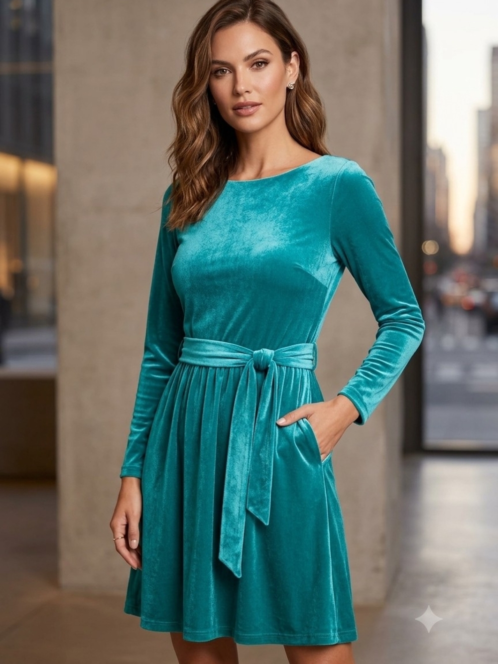 Boden Teal Velvet Long-Sleeve Tie-Waist Dress